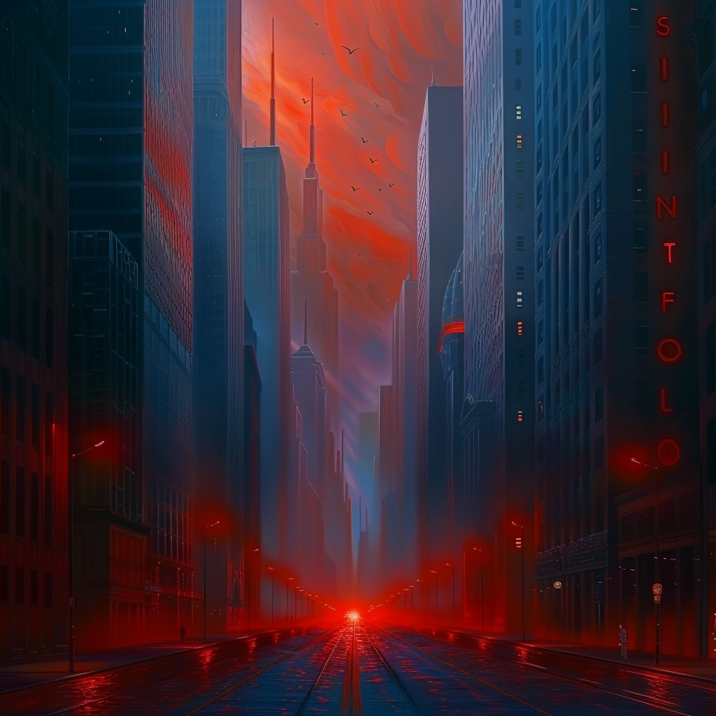 Nasse Neonstraße unter rotem Himmel